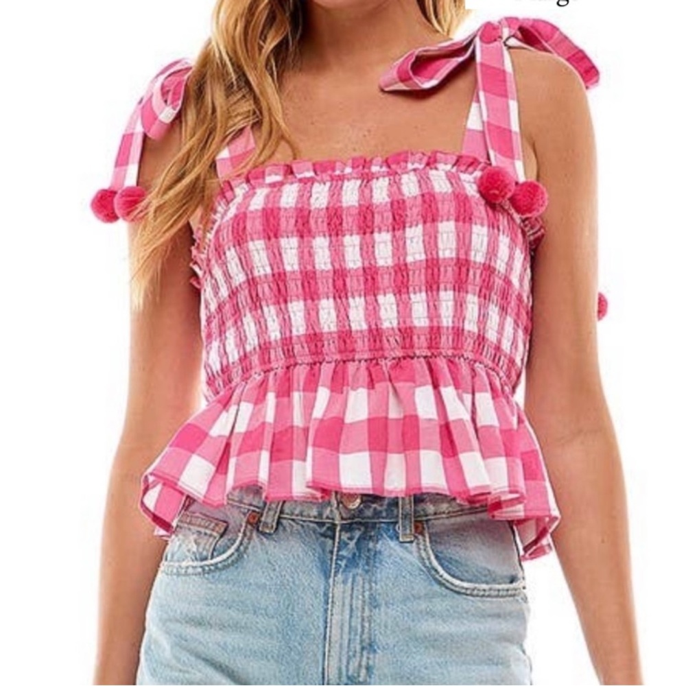 NWT Smocked Peplum Gingham Pink Print Tank with Pom Poms-Size L